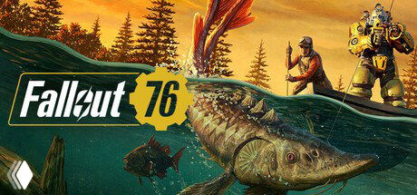 Обложка Fallout 76: постапокалиптический пейзаж с водной сценой, существами и фигурой в силовой броне на заднем плане, арт игры.