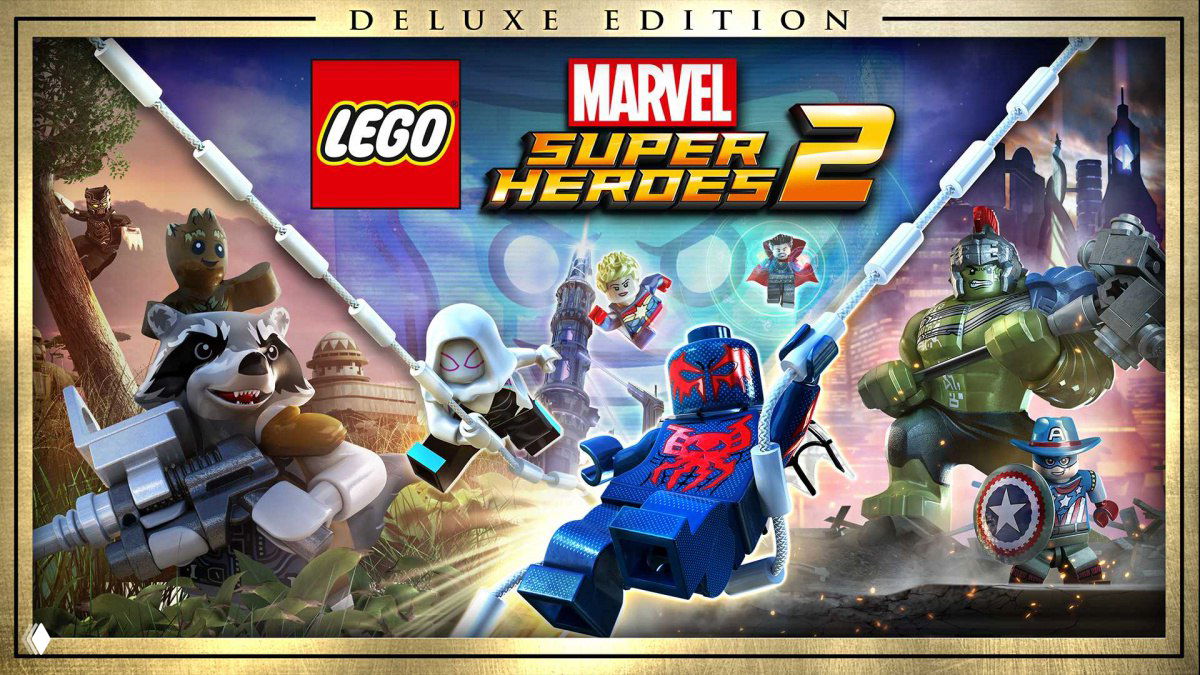 Обложка Lego Marvel Super Heroes 2: яркая иллюстрация с минифигурками Грута, Человека-паука и других героев на фоне города, стиль Lego.