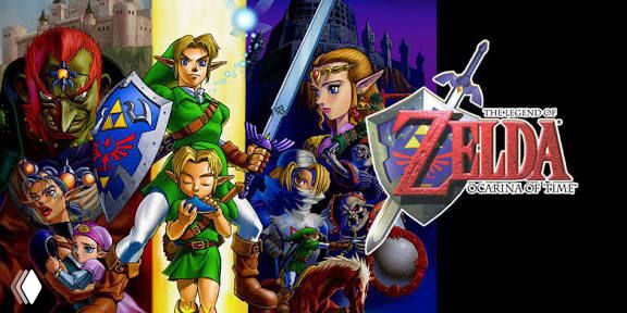 Коллаж с персонажами The Legend of Zelda: Линк, Зельда и антагонисты на тёмном фоне, виден логотип Ocarina of Time и элементы арта.