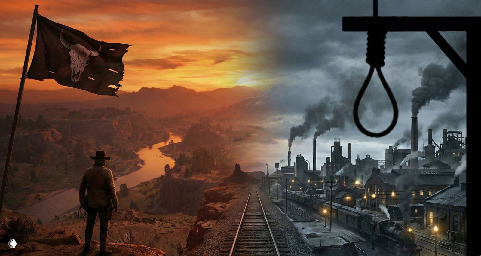 Коллаж: силуэт ковбоя на закате над рекой и индустриальный город с дымящими трубами и видимой петлей на переднем плане, арт RDR2.