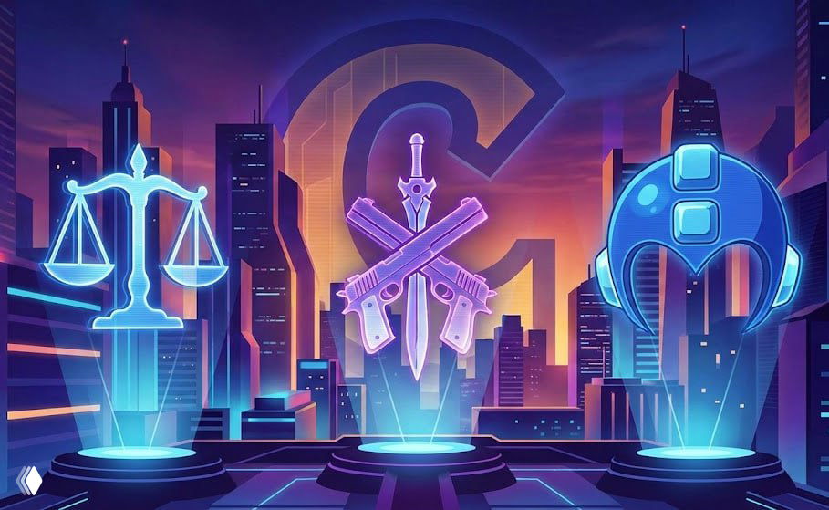 Неоновая иллюстрация на фоне футуристического города с символами франшиз: весы (Ace Attorney), перекрещённые пистолеты и кинжал (Devil May Cry) и шлем Mega Man.