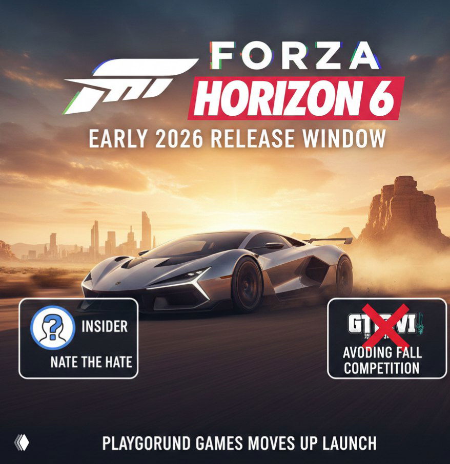 Промо-арт Forza Horizon 6: суперавтомобиль на пустынной трассе при закате, логотип игры и пометка о раннем окне релиза 2026 и инсайдере.