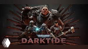 Промо-арт Warhammer 40000: Darktide — мрачная сцена с отрядами воинов в тяжёлой броне на фоне разрушенного индустриального города.