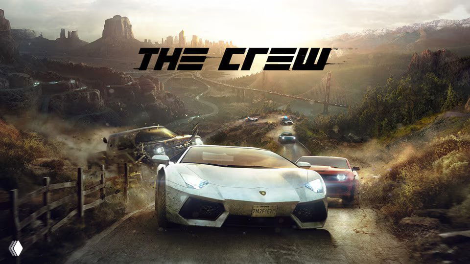 Промо-арт The Crew: спортивные автомобили мчатся по шоссе через открытые ландшафты и мосты, сцена гонок и погони.