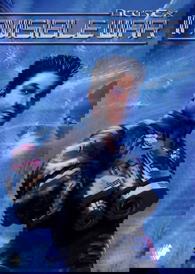 Обложка Deus Ex: Invisible War — главный персонаж с футуристическим оружием и киберпанковыми элементами в синеватых тонах.