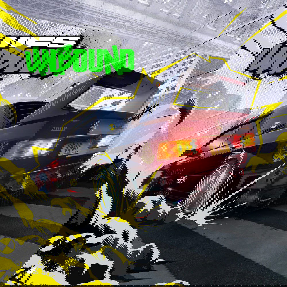 Обложка Need For Speed: Unbound — стилизованный трековый автомобиль на фоне яркой графики, агрессивный дизайн и городской экшен.