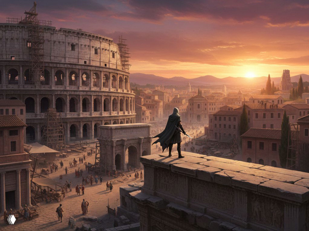Фигура в капюшоне на карнизе смотрит на панораму Древнего Рима: Колизей, улицы и закат — атмосферная иллюстрация экранизации.