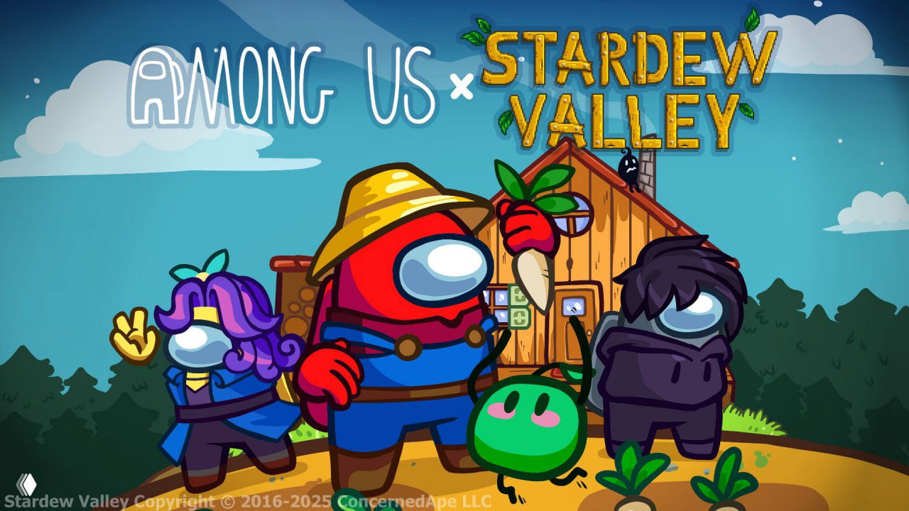 Изображение коллаборации Among Us и Stardew Valley: три персонажа Among Us в сельской/фермерской одежде у домика, грядок и логотипа Stardew Valley.