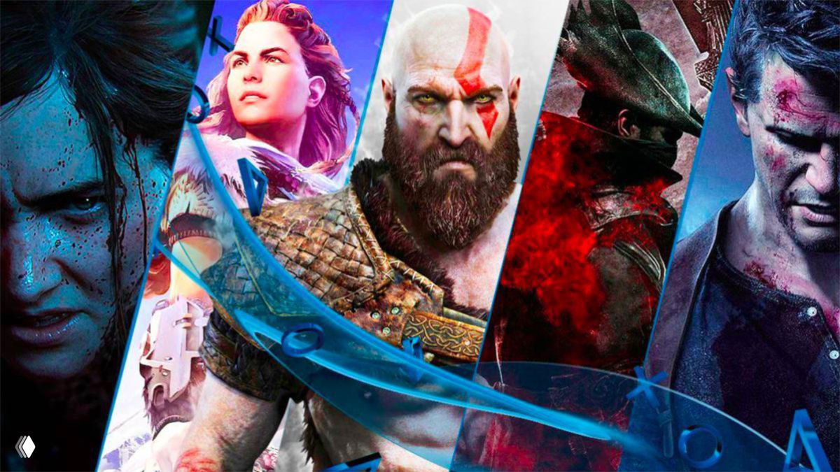 Коллаж персонажей и визуальных элементов PlayStation: герои из эксклюзивных игр Sony на фоне фирменной синей графики.