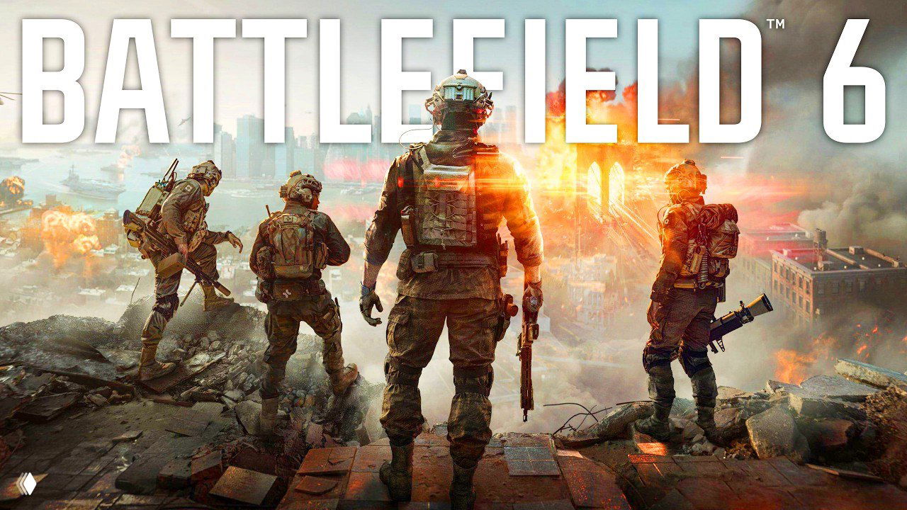 Рекламный арт Battlefield 6: четверо солдат в современной экипировке стоят на развалинах города, видны дым, взрывы и разрушения на заднем плане.