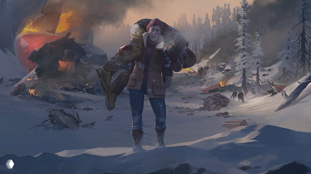 Артовая иллюстрация к The Long Dark: выживший несёт пострадавшего на фоне горящего самолёта и заснеженного леса в снегу