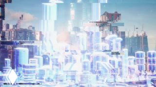 Неоновый киберпанк-город с голографическими постройками и высотками, изображение в сине-голубых тонах, атмосферный арт.