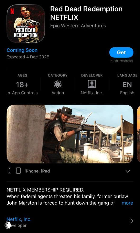 Скриншот карточки в App Store: Red Dead Redemption, кадр с ковбоем, пометка «Coming Soon» и указание даты выхода 4 декабря.