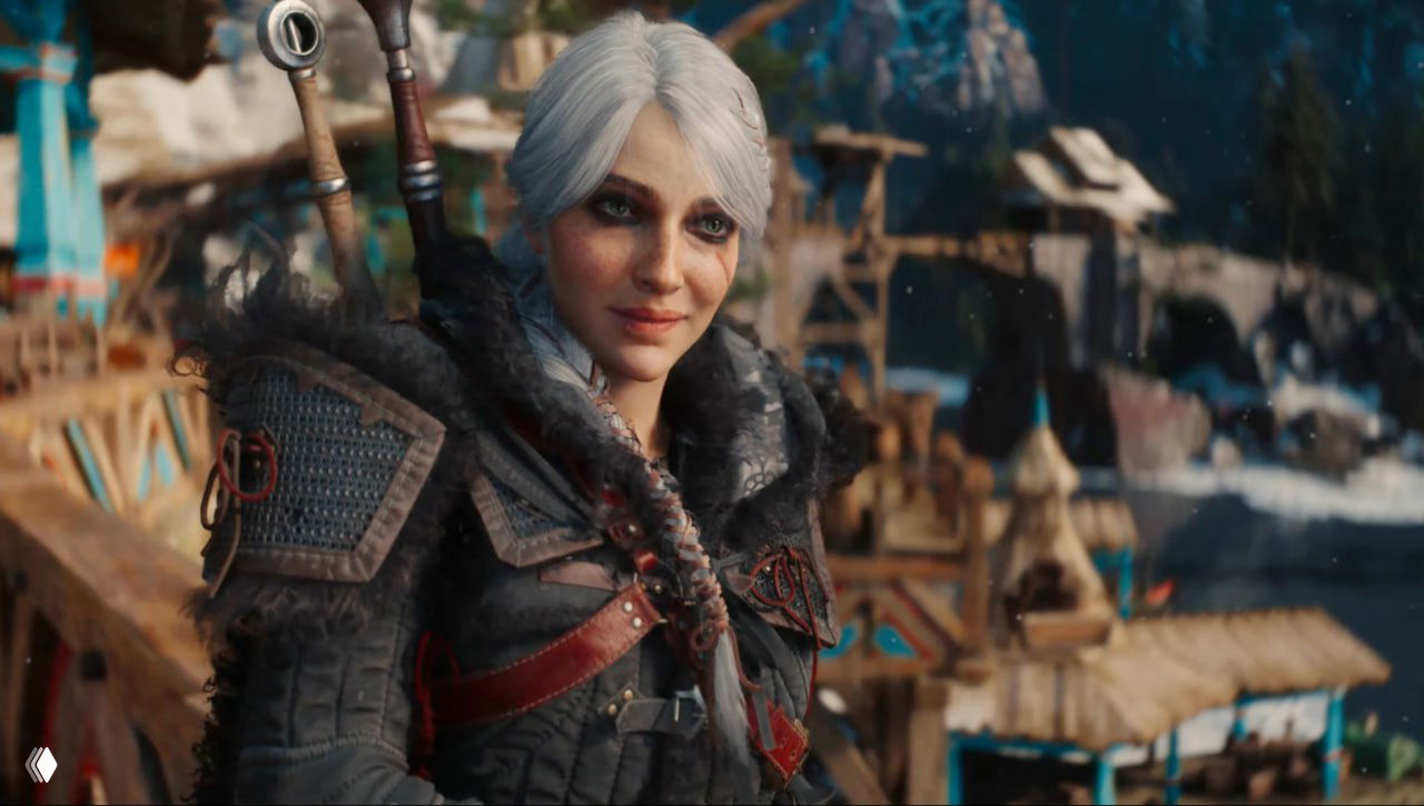 Кадр из игровой сцены The Witcher 4: персонаж в тяжёлой кожаной броне и белыми волосами на фоне приморской деревни и причала; трейлерная стилистика.