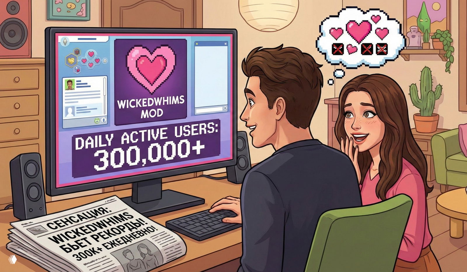 Иллюстрация: пара у компьютера смотрит на экран с логотипом WickedWhims и крупной надписью «300,000+» про мод для Sims 4.