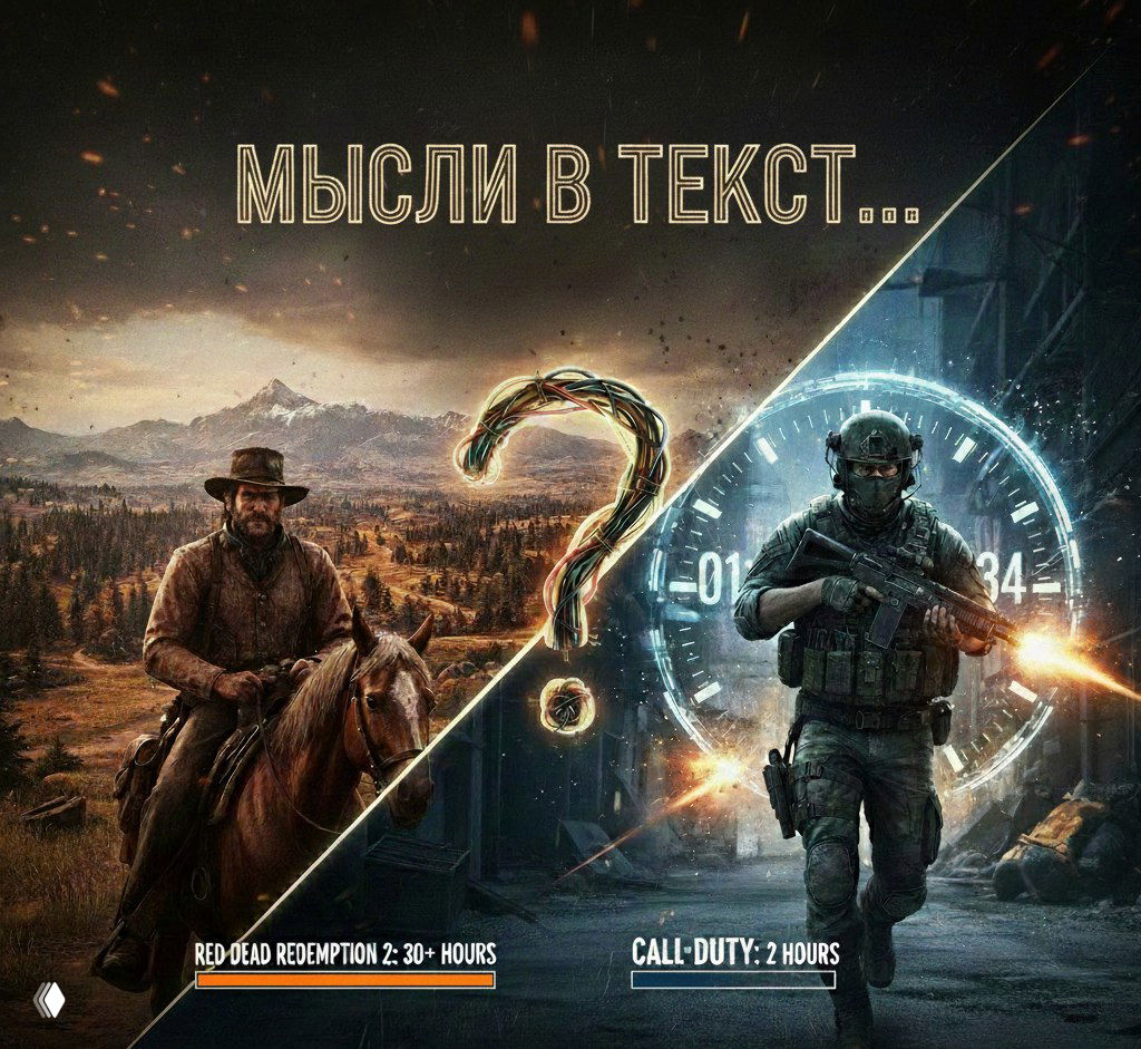 Коллаж: слева ковбой на лошади из Red Dead Redemption 2 в прерии, справа солдат с оружием из Call of Duty — визуальный контраст длинных и быстрых сюжетов.