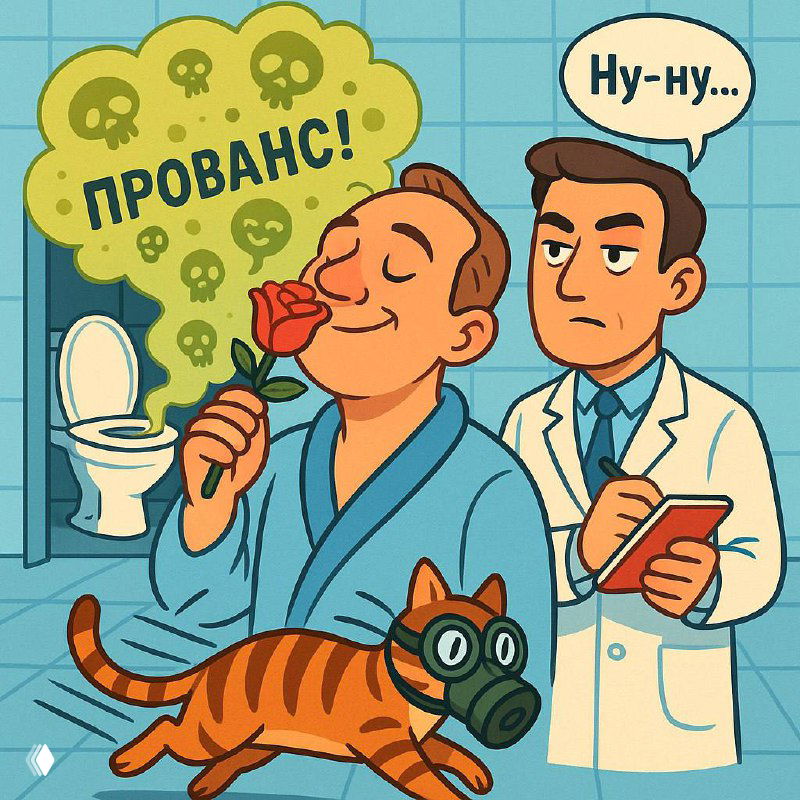Карикатурная сцена: человек нюхает розу в санузле, над унитазом облако с надписью «ПРОВАНС», рядом врач с блокнотом и кот в противогазе.