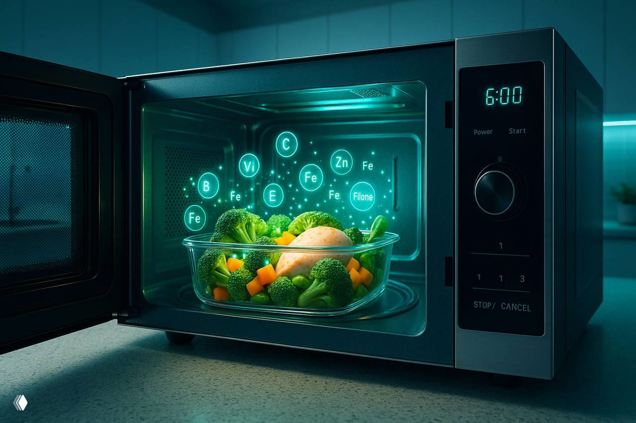 Овощи в стеклянной посуде внутри микроволновки; над ними подсвечены значки витаминов и минералов, иллюстрирующие сохранение питательных веществ.