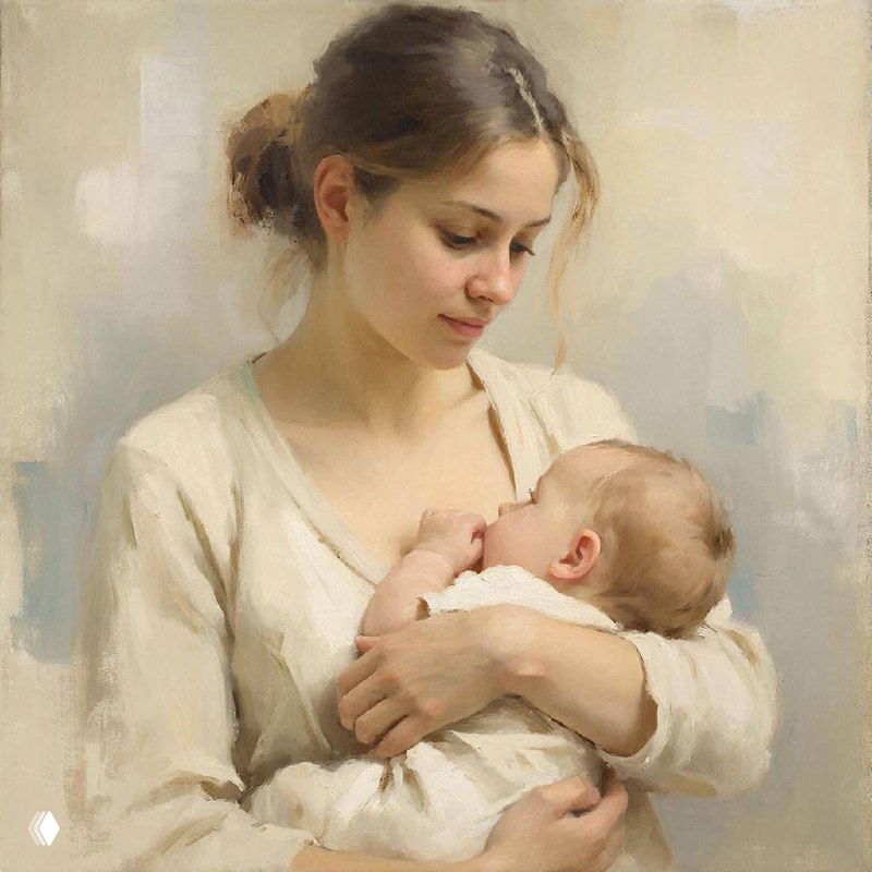 Женщина держит и кормит грудью младенца в спокойной комнате, сцена материнской заботы