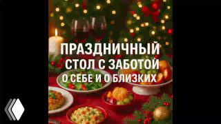 Обложка записи вебинара: крупный план праздничного стола с блюдами, тарелками, бокалами и свечами на фоне мерцающих огоньков; текст заголовка мероприятия.