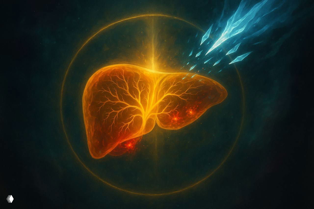 Иллюстрация печени с оранжево‑жёлтым свечением и лучами, символизирующая воспаление и атаку иммунитета.