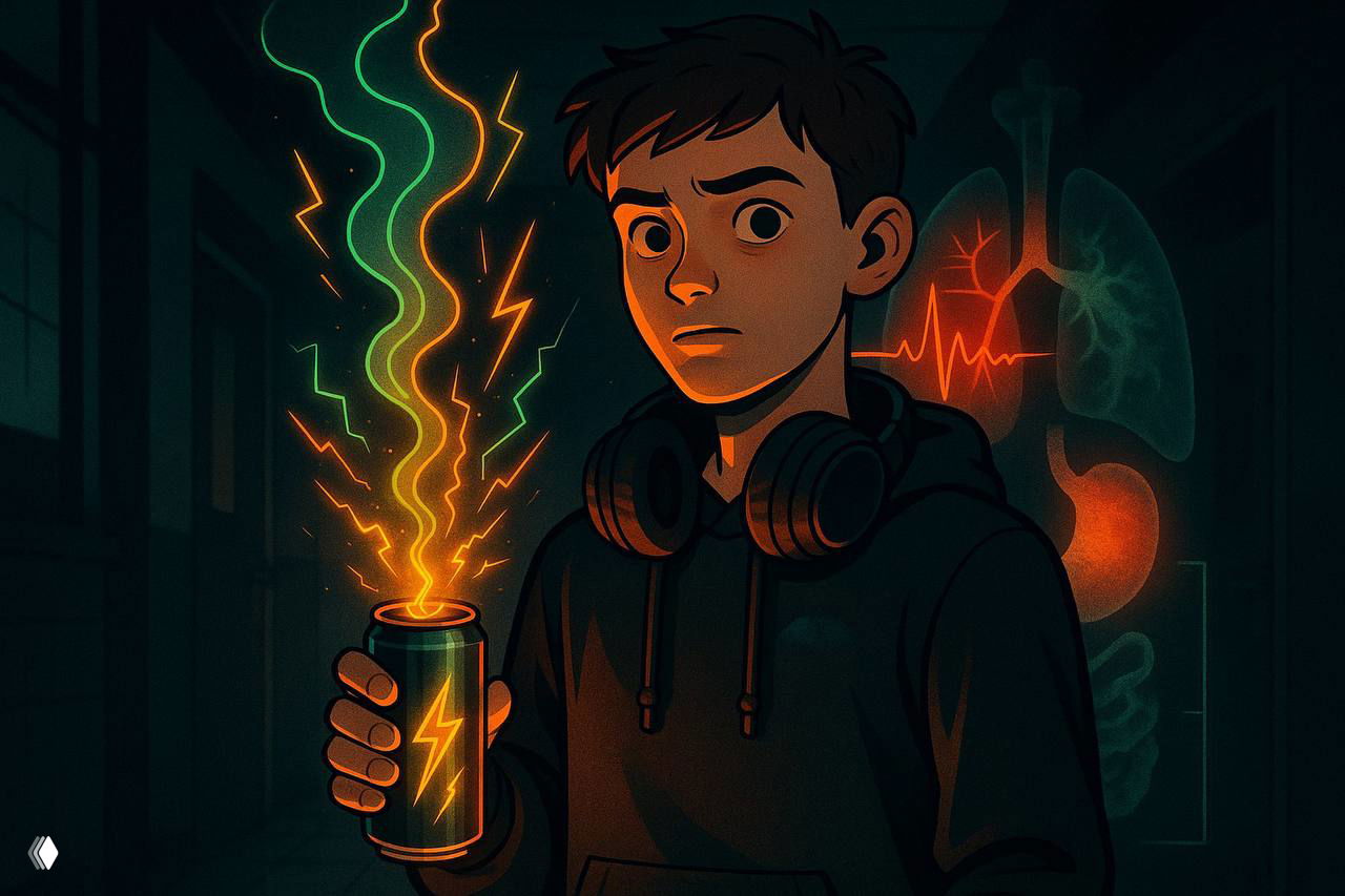 Иллюстрация подростка, держащего банку энергетика с яркими молниями и световыми эффектами; позади схематично видны сердце, лёгкие и желудок, символы риска.