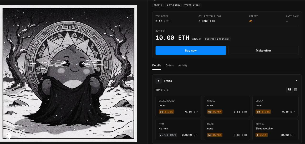 NFT #7684: пингвин в плаще Mr.Freeman на зимнем фоне с глитч‑глазами и нимбом; справа интерфейс маркетплейса с ценой 10 ETH.