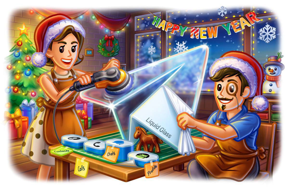 Праздничная иллюстрация Telegram: двое мастеров в новогодних шапках шлифуют прозрачный блок «Liquid Glass» на столе с подарками и инструментами.