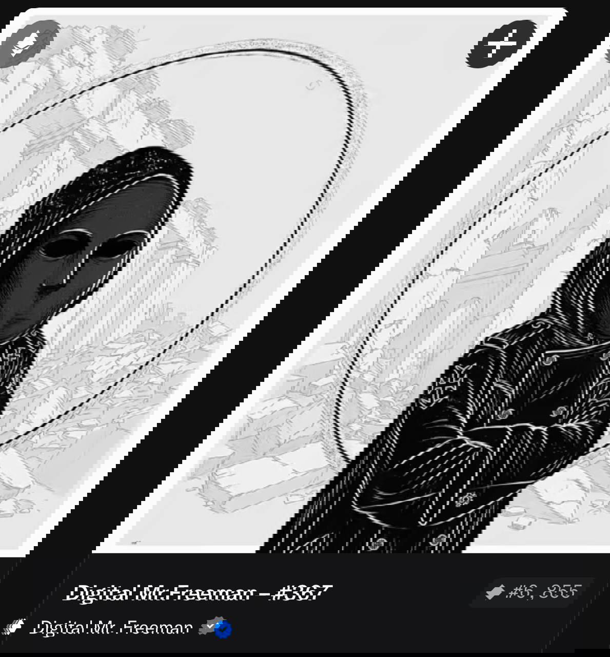 Чёрно‑белая NFT‑карточка Mr.Freeman на маркетплейсе: фигура в маске на фоне руин, виден интерфейс и значки торговой площадки.