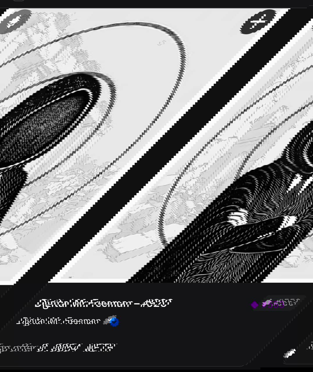 Минималистичный чёрно‑белый портрет Digital Mr.Freeman (#920) с ореолом и руинами на заднем плане; скрин карточки NFT с отображением топ‑офера в WETH.
