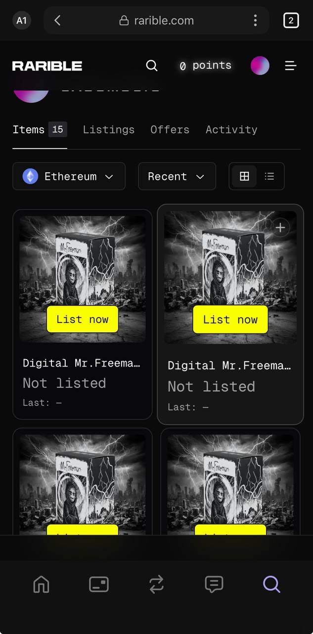 Скриншот Rarible с карточками NFT Mr.Freeman: тёмная сетка лотов, повторяющиеся изображения коробок и кнопки «List now».
