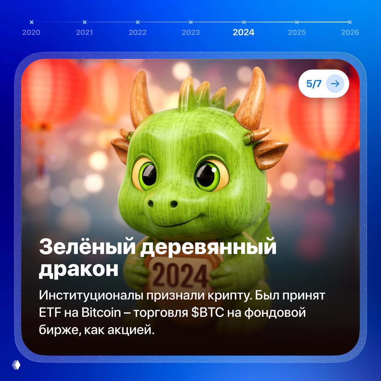 Зелёный деревянный дракон на праздничном фоне с текстом о признании институционалами крипты и ETF на Bitcoin.
