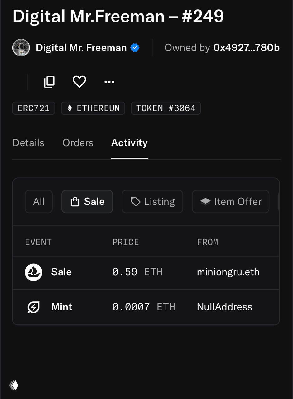 Скриншот страницы коллекции: детали токена Digital Mr.Freeman #249 с активностью и записью о последней продаже за 0.59 ETH и строкой минтинга.