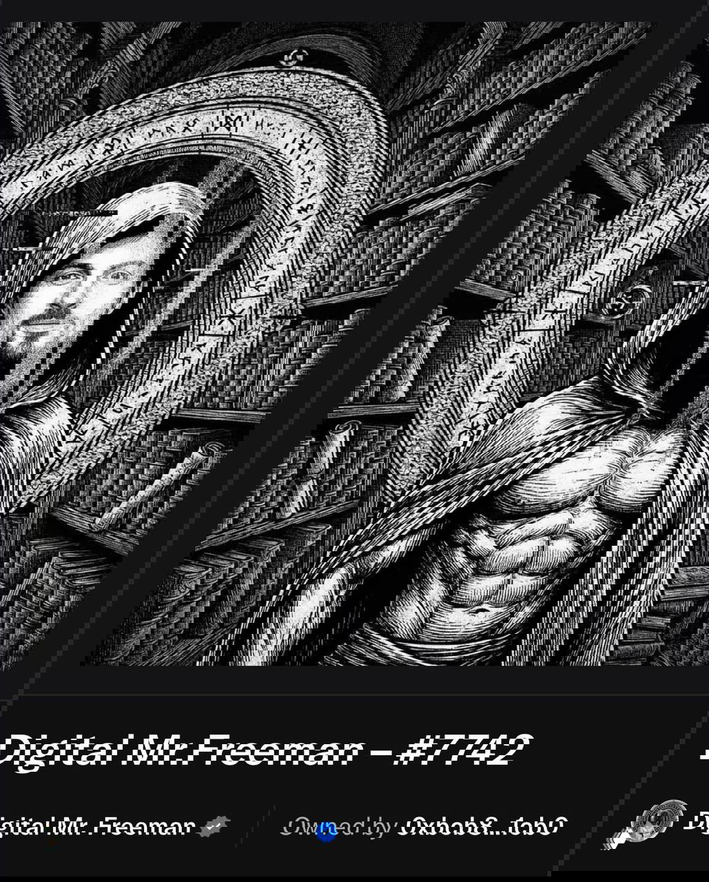 Мускулистый мужчина в капюшоне (Digital Mr. Freeman) на фоне библиотечного портала с кругом рун; тень на лице, атмосферная монохромная иллюстрация, оккультные символы.