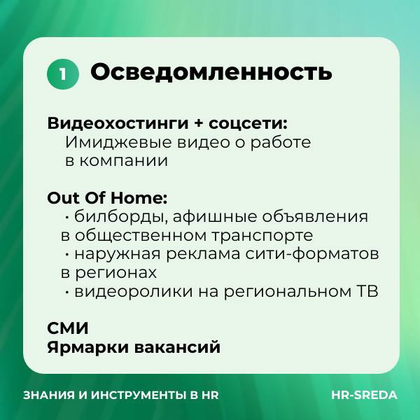Слайд HR‑SREDA «Осведомлённость»: текстовый блок с перечислением видеохостингов, OOH-рекламы, СМИ и ярмарок вакансий на зелёном фоне.