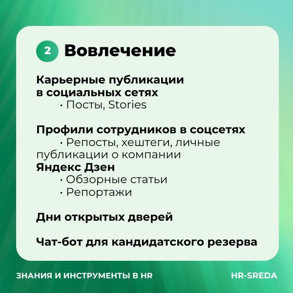 Слайд «Вовлечение»: карьерные публикации в соцсетях, профили сотрудников, дни открытых дверей и чат‑бот для кандидатов, дизайн в зелёных тонах.