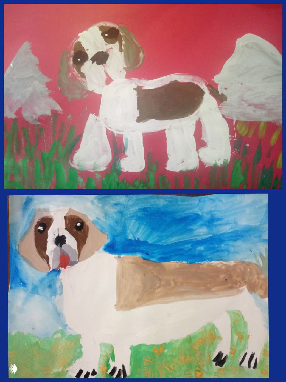 Две детские работы с сенбернарами в коллажном представлении: разные композиции и цветовые решения, демонстрация итогов урока.