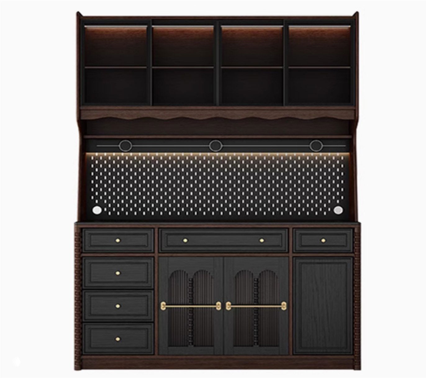 Фотография серванта из массива дуба: высокий деревянный шкаф с верхними полками, резными дверцами, выдвижными ящиками и тёмной отделкой, вид спереди.