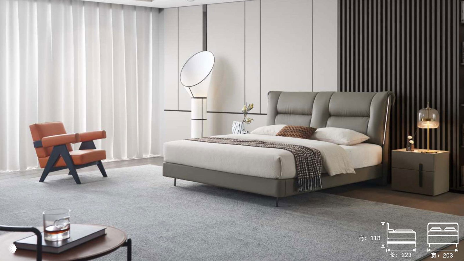 Кровать: 223×203×118, варианты отделки