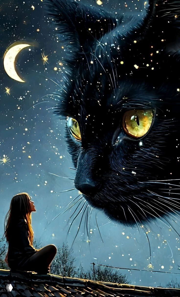 Фантазийная иллюстрация: крупный чёрный кот в деталях, его золотистые глаза на фоне ночного звёздного неба и месяца, внизу сидит девушка и смотрит вверх.