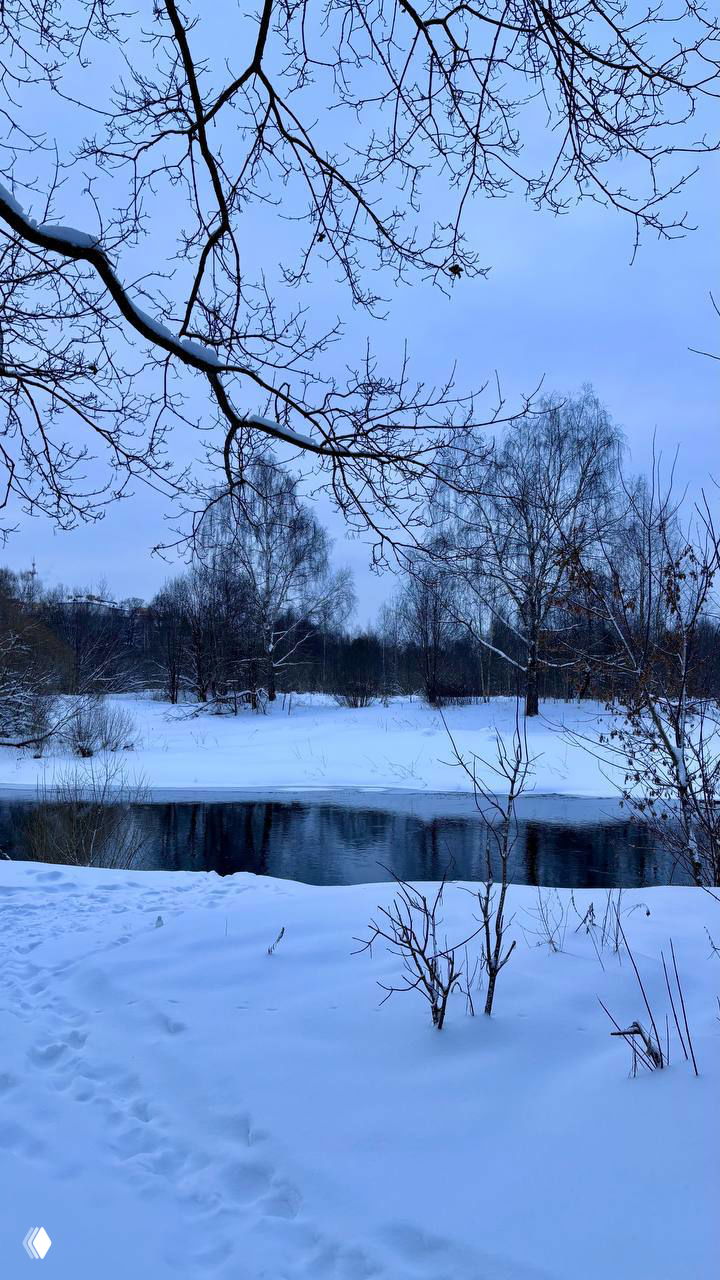 Заснеженная река и берег в пригородной парковой зоне Истры; следы на снегу, тихая голубая зимняя атмосфера перед музеем.