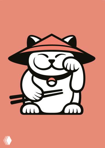 Логотип в стиле манэки-нэко на розовом фоне — графическое изображение кошки с палочками, возможно брендовая картинка доставки или упаковки