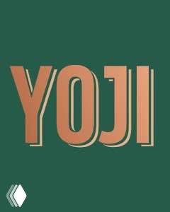 Стилизация логотипа YOJI на зеленом/терракотовом фоне — брендовый стикер или заставка приложения доставки с названием заведения