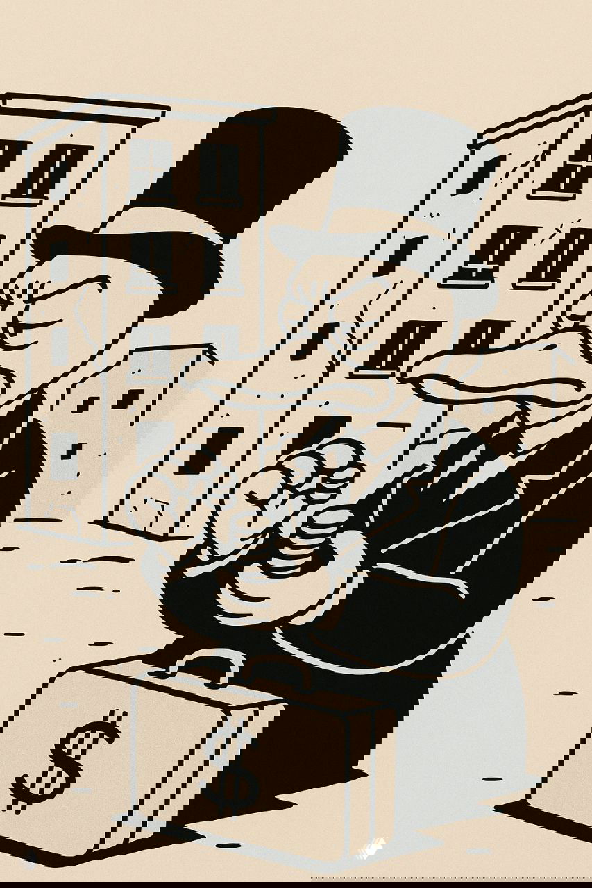 Карикатура: деловой персонаж в цилиндре считает монеты рядом с ветхими многоквартирными домами, символизируя риск покупки самой дешёвой квартиры.