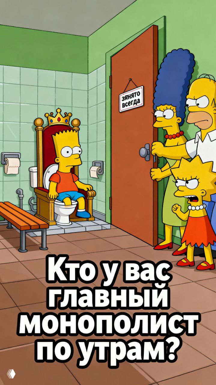 Иллюстрация: сцена из мультфильма — Барт на унитазе с короной как «монополист», Мардж, Гомер и Лиза у двери; подпись про утреннего монополиста.