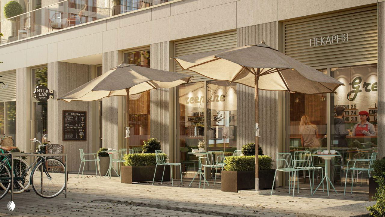 Рендер фасадов с уличными кафе: террасы, зонты и торговые помещения на первых этажах для создания живой городской улицы.