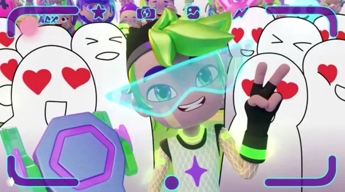 Кадр с толпой фанатов и центральным персонажем, держащим щит; комиксные сердечки на заднем фоне — сцена массового мероприятия в сериале.