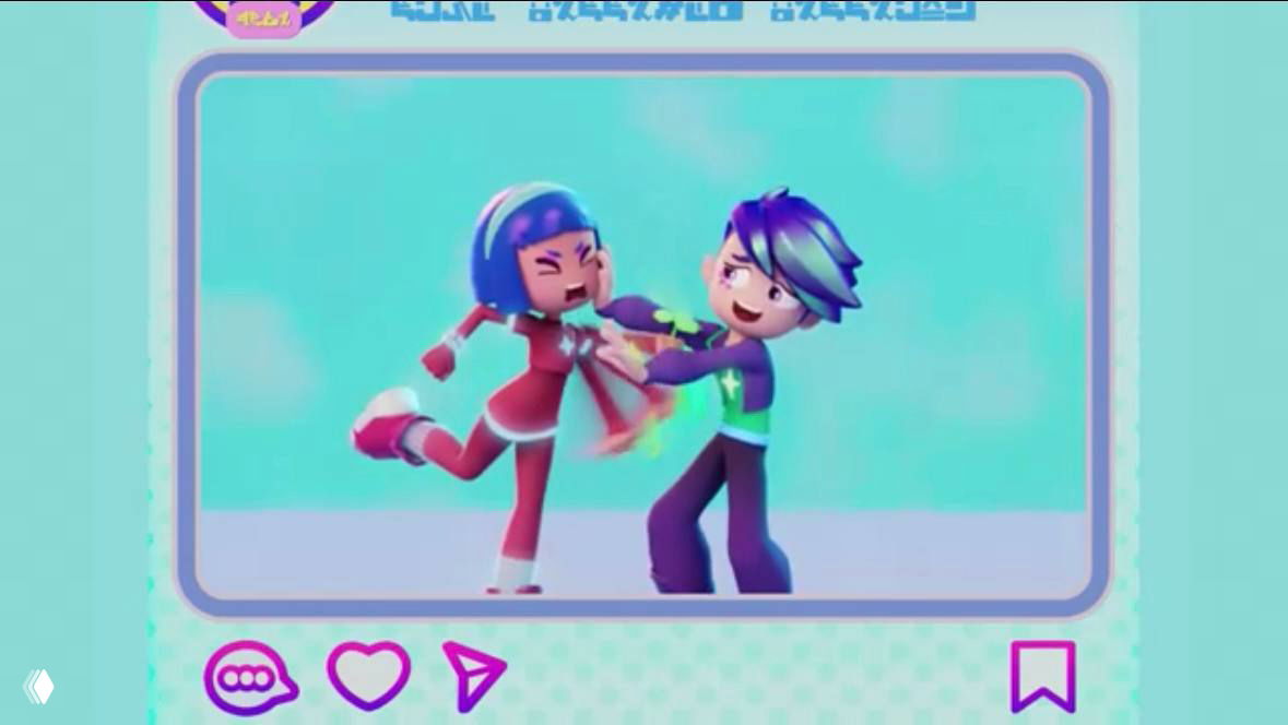 Фрейм как из мобильной ленты: экран с миниатюрой сцены, где персонажи взаимодействуют; стилизованный интерфейс и пастельные оттенки анимации.