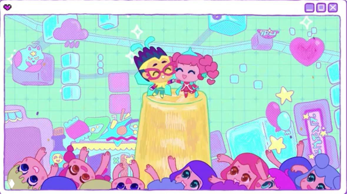 Иллюстративный кадр в пастельных тонах: персонажи на сцене и счастливые дети в зале, графический стиль и мягкая цветовая гамма.