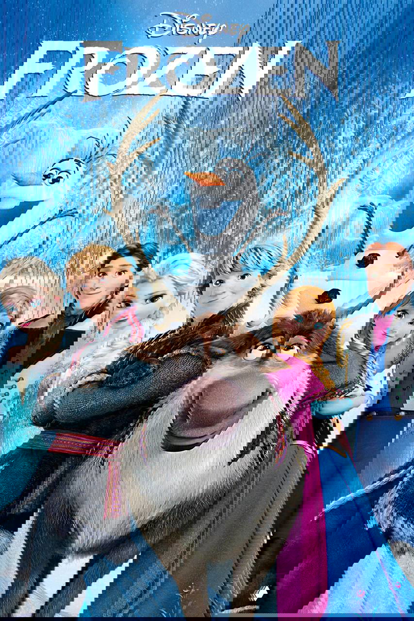 Постер «Холодное сердце»: персонажи Эльза, Анна, Олаф и Свен на зимнем ледяном фоне, семейная праздничная атмосфера.